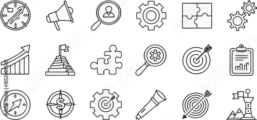A collection of 20 distinct vector icons is presented in a grid arrangement against a transparent background. The icons are outlined in black, exhibiting a minimalist, line-art style. The icons repres