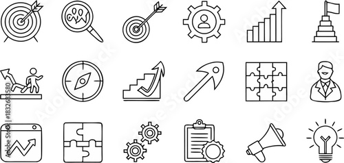 A collection of 20 distinct vector icons is presented in a grid arrangement against a transparent background. The icons are outlined in black, exhibiting a minimalist, line-art style. The icons repres