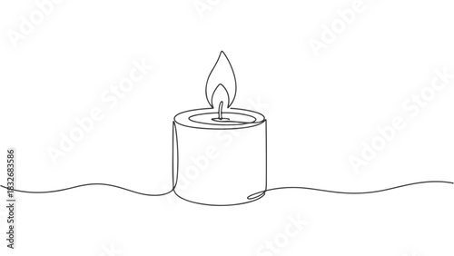 A minimalist one line art drawing of a burning candle, continuous line illustration for remembrance and relaxation