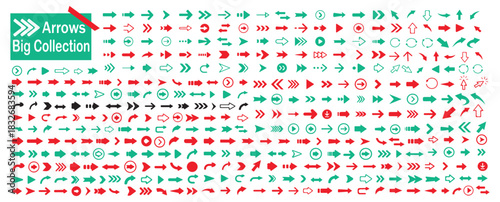 Big collection of arrow icons in green and red colors isolated on white background web design elements