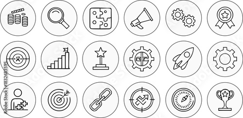 A collection of 20 distinct vector icons is presented in a grid arrangement against a transparent background. The icons are outlined in black, exhibiting a minimalist, line-art style. The icons repres