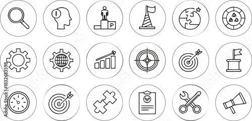 A collection of 20 distinct vector icons is presented in a grid arrangement against a transparent background. The icons are outlined in black, exhibiting a minimalist, line-art style. The icons repres