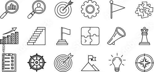 A collection of 20 distinct vector icons is presented in a grid arrangement against a transparent background. The icons are outlined in black, exhibiting a minimalist, line-art style. The icons repres