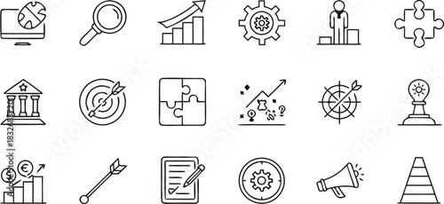 A collection of 20 distinct vector icons is presented in a grid arrangement against a transparent background. The icons are outlined in black, exhibiting a minimalist, line-art style. The icons repres