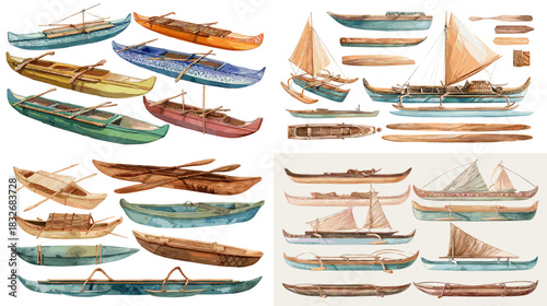 Watercolor illustration set of traditional canoes and outrigger boats featuring wooden hulls, sails and rustic maritime details. Perfect for nautical themes, island culture and travel projects.