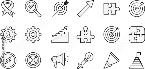 A collection of 20 distinct vector icons is presented in a grid arrangement against a transparent background. The icons are outlined in black, exhibiting a minimalist, line-art style. The icons repres