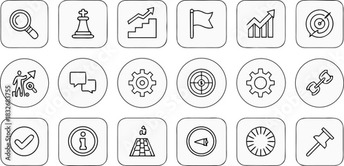 A collection of 20 distinct vector icons is presented in a grid arrangement against a transparent background. The icons are outlined in black, exhibiting a minimalist, line-art style. The icons repres