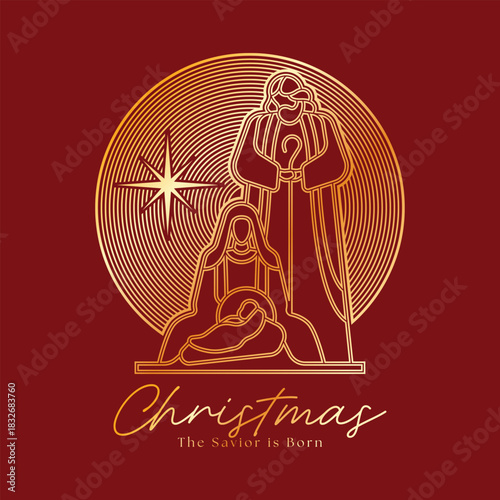 Christmas, the savior is born - Gold dobble line The Nativity with mary and joseph in a manger with baby Jesus and stars light in circle lines on red background vector design