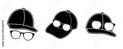 Elegant hat and glasses logo set isolated on white background, featuring multiple refined variations that highlight premium fashion style, luxury identity, and sophisticated branding elements.