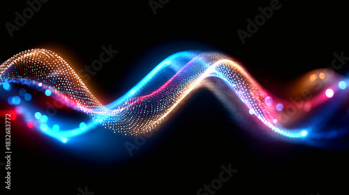 Dynamic digital wave of glowing particles flowing through dark space, representing data, AI, and futuristic technology concepts.