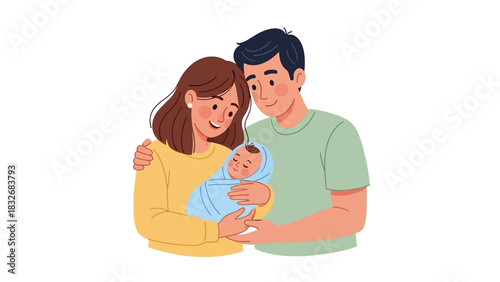 A tender moment of a young couple, a new mother and father, lovingly holding their swaddled newborn baby