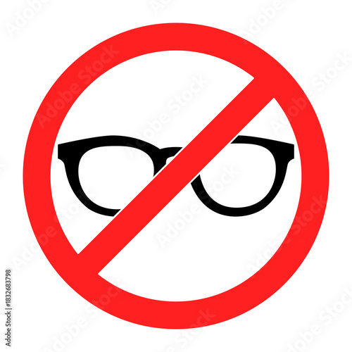 No glasses allowed sign icon isolated on white background, featuring a crossed-out eyeglasses symbol for rules, restrictions, and dress code notices.