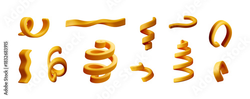 Set of yellow 3d party confetti streamer elements. Playful fun design for celebration, festive, event, birthday, Anniversary, New Year, Merry Christmas, holiday. Vector illustration
