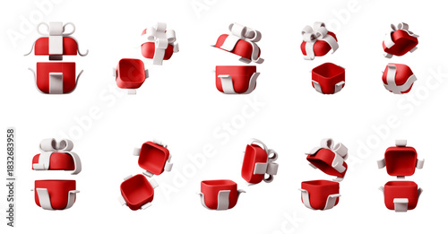 Red gift box with white bow exploding into pieces. Surprise and unboxing concept for holidays and festive celebration. 3d stock vector illustration rendering.