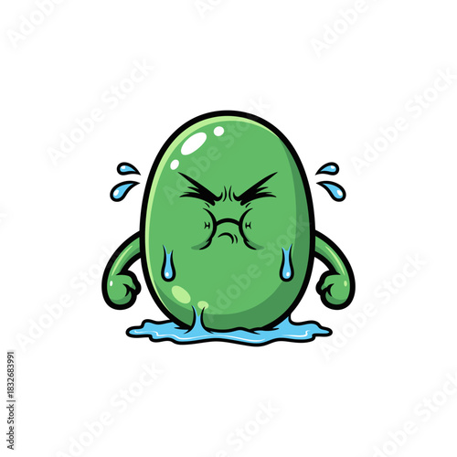 Angry Green Bean Cartoon Character with Sweaty Expression and Clenched Fists.