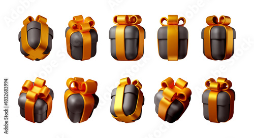 Dark gift box with golden ribbon. Holiday present for celebration. 3d stock vector illustration for Christmas, Birthday, Valentines Day.