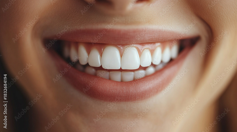 Fototapeta premium Close-up portrait of a young woman smiling, showing healthy, bright teeth, emphasizing dental care, happiness, and natural beauty in a friendly and approachable expression.