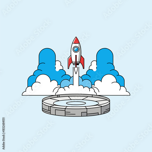 Cartoon rocket launching from a circular pad with smoke clouds, symbolizing business startup, innovation, and success.