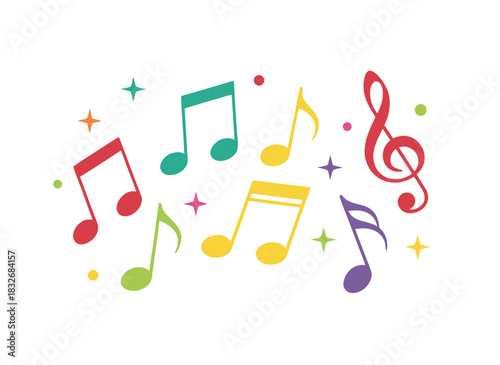 Colorful Musical Notes and Stars Floating on Black Background Represents Celebration and Joyful Melody