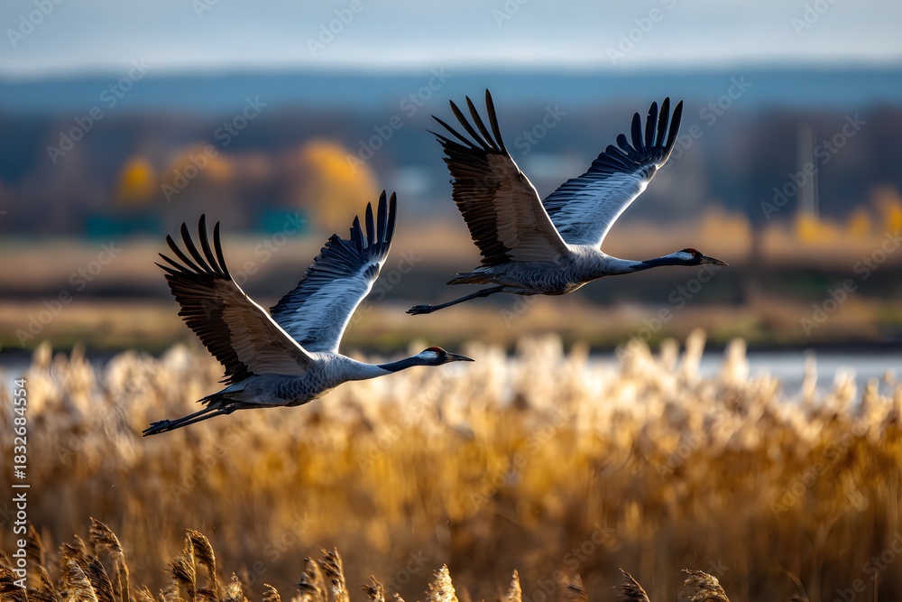 Naklejka premium Zwei Kraniche im dynamischen Flug über goldenem Schilf