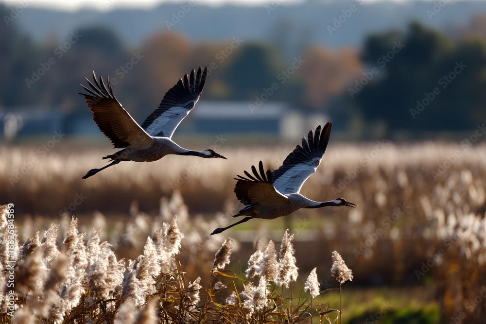 Obraz premium Kraniche im ruhigen Flug über herbstlicher Landschaft 