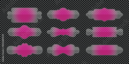 Collection of nine modern pink transparent glass or plastic badges and banners for your designs.