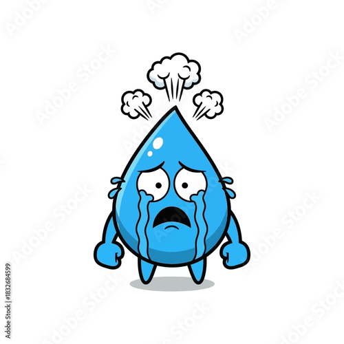 Distressed Water Droplet Cartoon Character with Steam and Tears.
