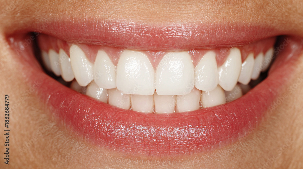 Obraz premium Close-up portrait of a young woman smiling, showing healthy, bright teeth, emphasizing dental care, happiness, and natural beauty in a friendly and approachable expression.