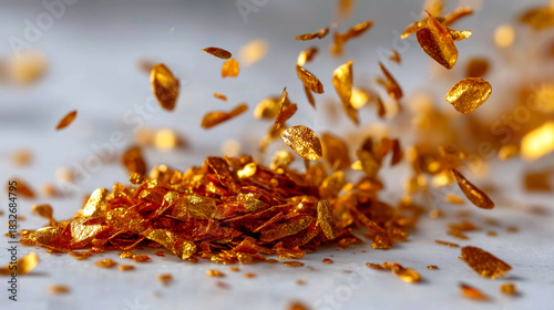 Sparkling golden edible glitter flakes raining down, creating a luxurious and celebratory atmosphere for gourmet desserts and baking projects.