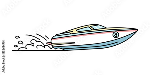 Speedboat racing across the water leaving a wake.