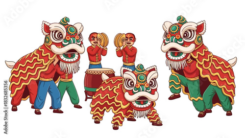 Vibrant Chinese Lion Dance Performance A Colorful Cultural Celebration with Musicians