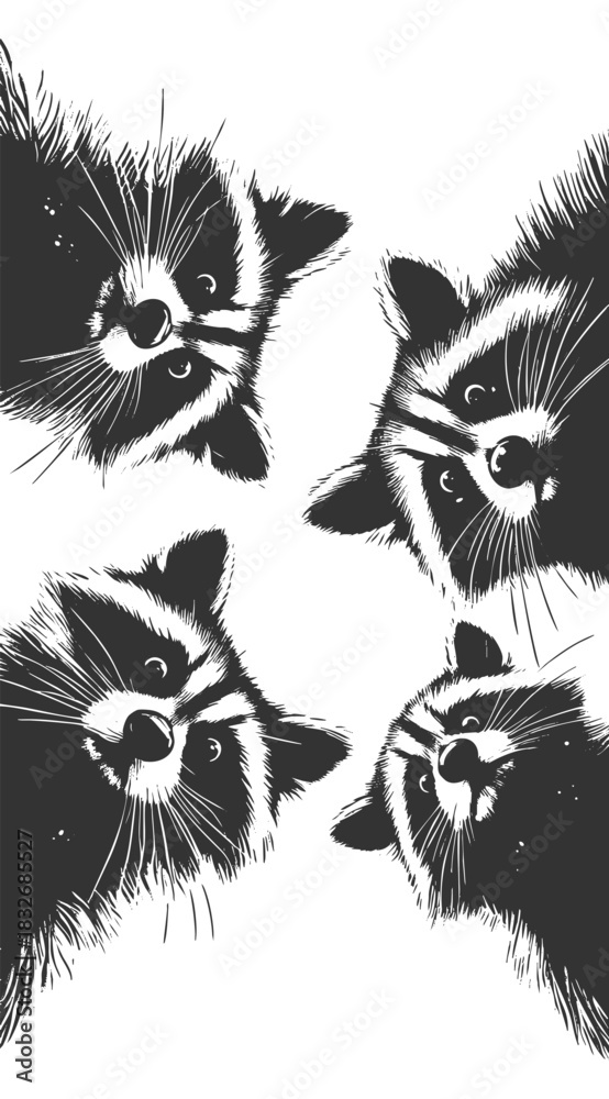 Obraz premium raccoons peering downward with wide-eyed expressions, ideal for humor or wildlife themes sketch engraving generative ai vector illustration. Scratch board imitation. Black and white image.