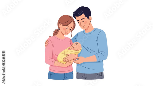 A Family's Joy Mother and Father Adore Their Newborn Baby Illustration