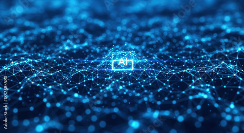 Exploring artificial intelligence, abstract computer generated connection with blue futuristic lights. Artificial intelligence drives virtual connection and digital support in modern world,