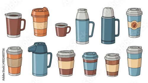 Colorful Illustration of Various Coffee Cups, Travel Mugs, and Thermoses, Perfect for On-the-Go Hot Drinks