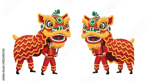 Traditional Chinese Lion Dance Duo Celebrating Culture and Festivals with Joy and Energy