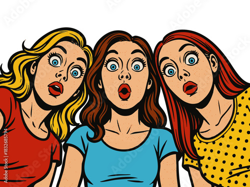 three women with wide eyes and open mouths, looking downward in a dramatic and shocked expression. Generative ai vector colorful pop art illustration.