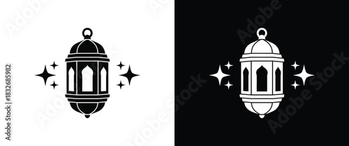 Ramadan Lantern with Star Icons in Black and White Contrast