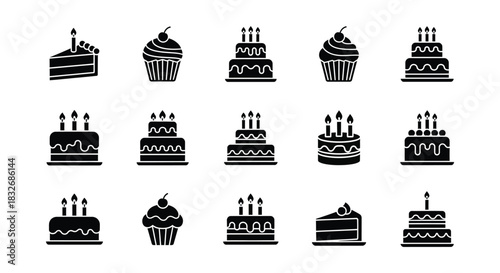 Set of Black Birthday Cake Icons Cupcake, Slice, and Tiered Cakes