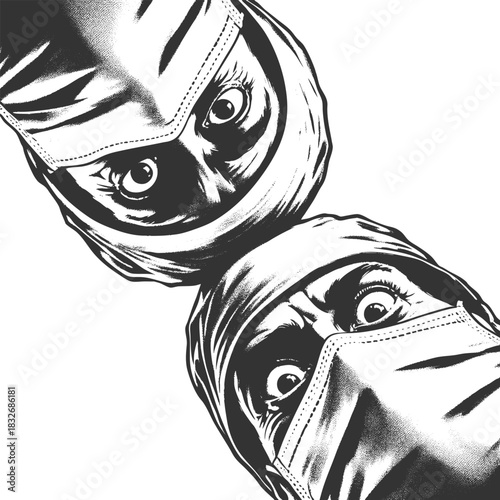 two masked medical professionals peering downward, evoking surgery or emergency context sketch engraving generative ai fictional character vector illustration. Scratch board imitation. Black and white