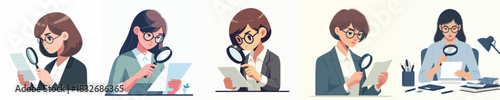 vector of a woman detecting a document with a magnifying glass