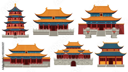 A detailed collection of iconic Chinese architectural structures, including ancient temples and a classic pagoda