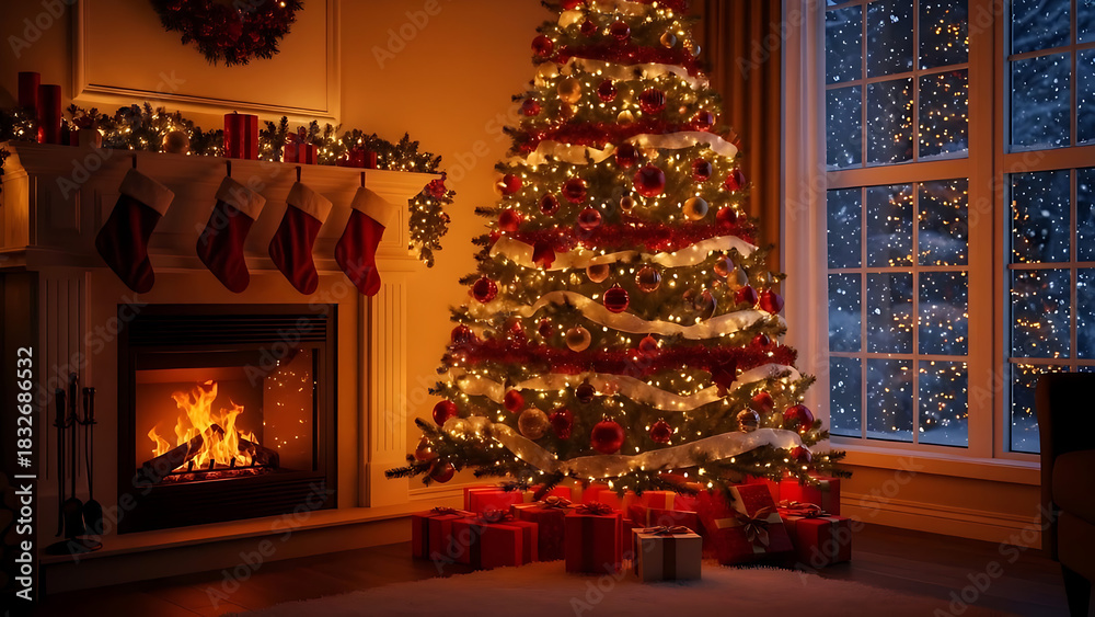 Fototapeta premium fireplace with christmas decorations, marry christmas