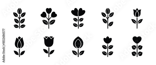 Collection of Black Flower Icons for Design and Decoration Purposes