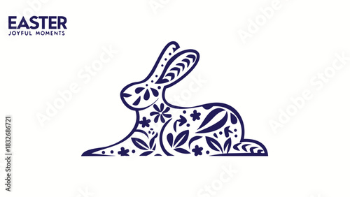 Elegant dark blue ornamental easter bunny silhouette with floral patterns and the text easter joyful moments on a white background perfect for seasonal design