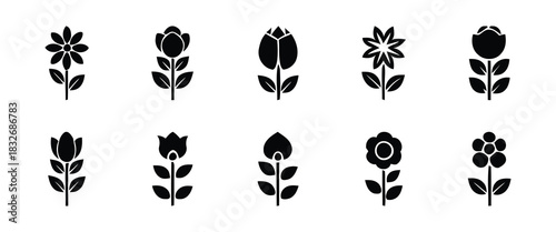 Minimalist Black Flower Icons Set for Elegant Nature-Themed Graphic Design and Decorative Digital Projects