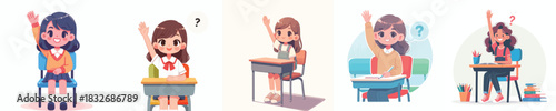vector of a female student raising his hand