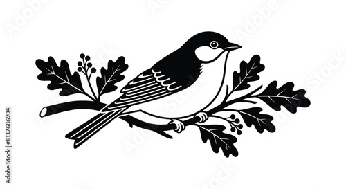 Elegant Black and White Bird Perched on a Branch with Detailed Foliage