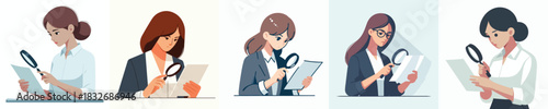vector of a woman detecting a document with a magnifying glass