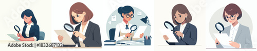 vector of a woman detecting a document with a magnifying glass